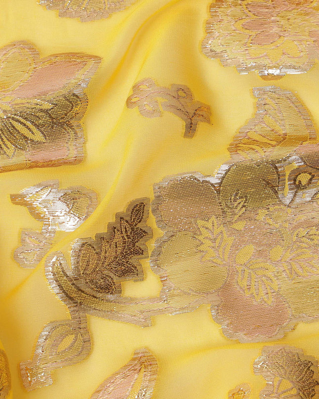 Yellow Floral Pattern Silk Chiffon Fabric with Metallic Lurex, 110 Cms, South Korea-D25505