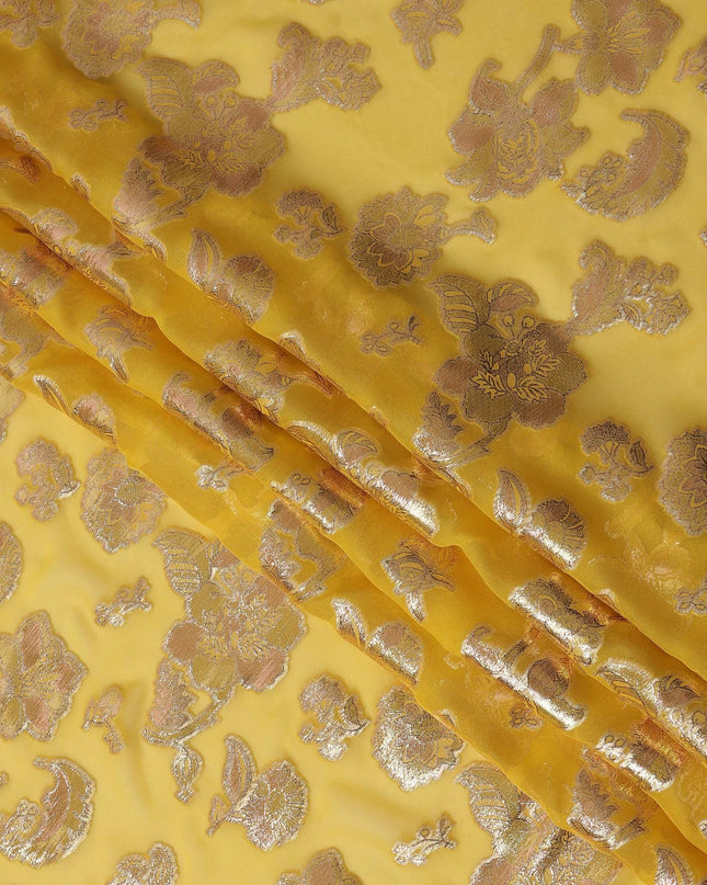 Yellow Floral Pattern Silk Chiffon Fabric with Metallic Lurex, 110 Cms, South Korea-D25505
