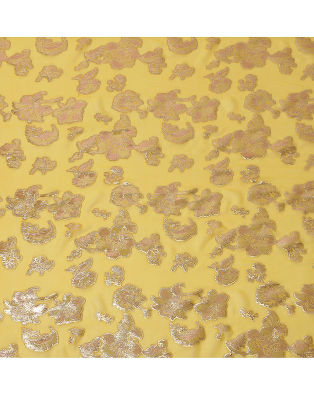 Yellow Floral Pattern Silk Chiffon Fabric with Metallic Lurex, 110 Cms, South Korea-D25505