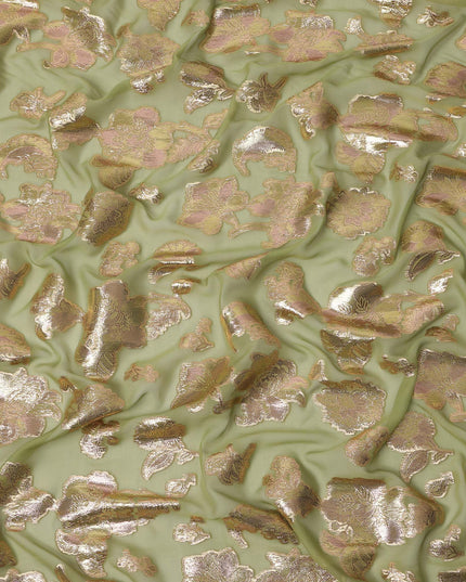 Olive Green Floral Pattern Silk Chiffon Fabric with Metallic Lurex, 110 Cms, South Korea-D25504