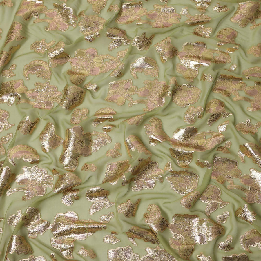 Olive Green Floral Pattern Silk Chiffon Fabric with Metallic Lurex, 110 Cms, South Korea-D25504
