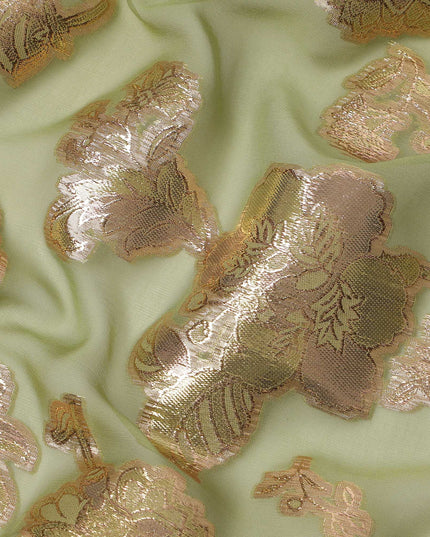 Olive Green Floral Pattern Silk Chiffon Fabric with Metallic Lurex, 110 Cms, South Korea-D25504