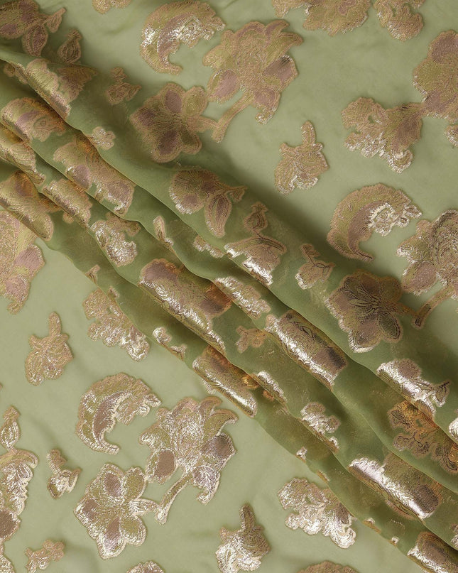 Olive Green Floral Pattern Silk Chiffon Fabric with Metallic Lurex, 110 Cms, South Korea-D25504