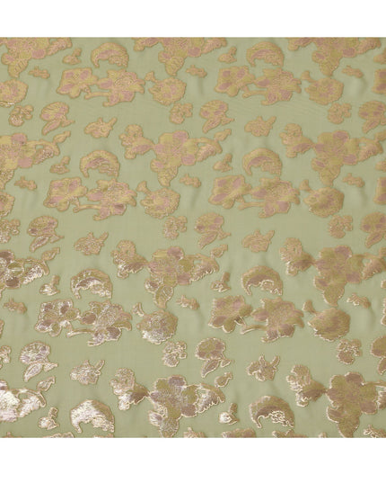 Olive Green Floral Pattern Silk Chiffon Fabric with Metallic Lurex, 110 Cms, South Korea-D25504