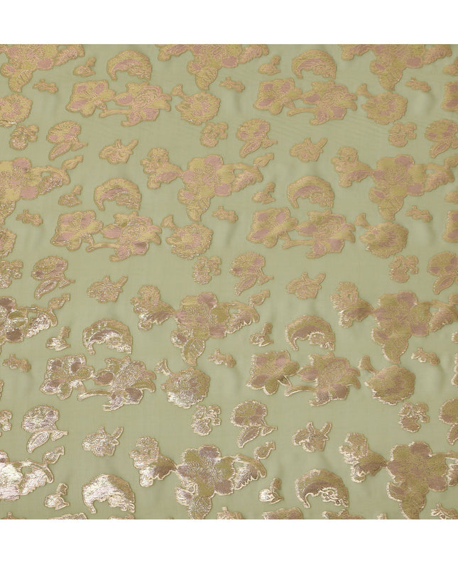 Olive Green Floral Pattern Silk Chiffon Fabric with Metallic Lurex, 110 Cms, South Korea-D25504