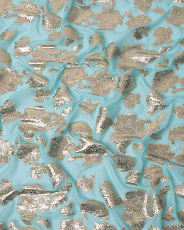 Aqua Blue Floral Pattern Silk Chiffon Fabric with Metallic Lurex, 110 Cms, South Korea-D25501