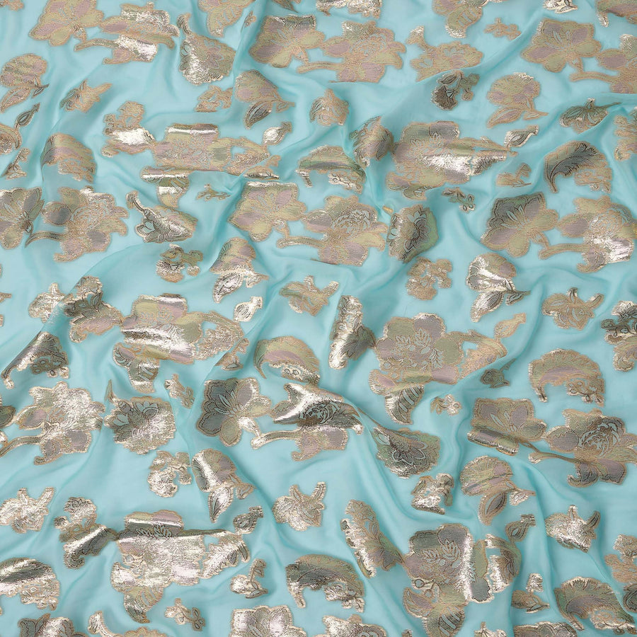 قماش شيفون حريري بنقشة زهور زرقاء مائية مع لوركس معدني، 110 سم، كوريا الجنوبية - D25501