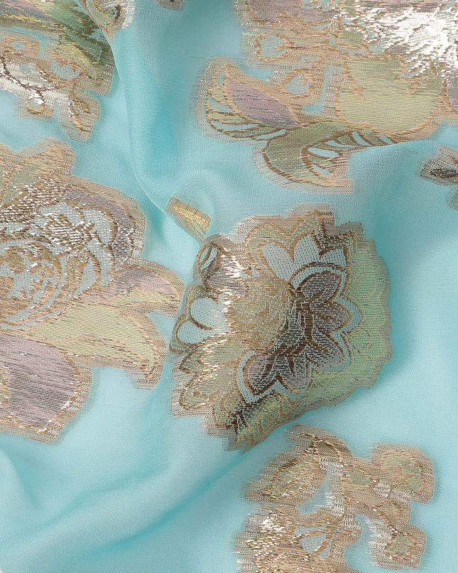 Aqua Blue Floral Pattern Silk Chiffon Fabric with Metallic Lurex, 110 Cms, South Korea-D25501