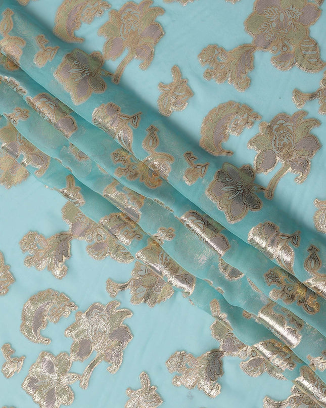 Aqua Blue Floral Pattern Silk Chiffon Fabric with Metallic Lurex, 110 Cms, South Korea-D25501