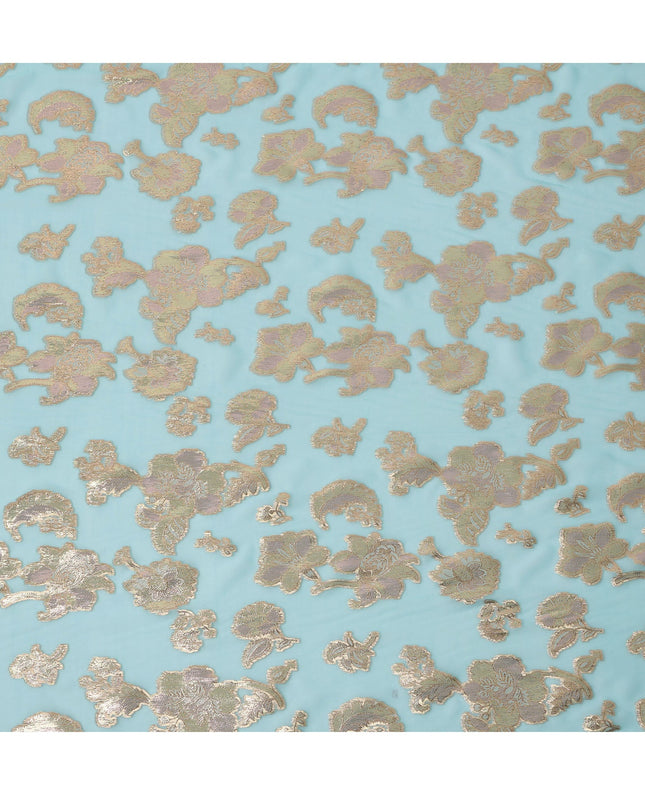 Aqua Blue Floral Pattern Silk Chiffon Fabric with Metallic Lurex, 110 Cms, South Korea-D25501
