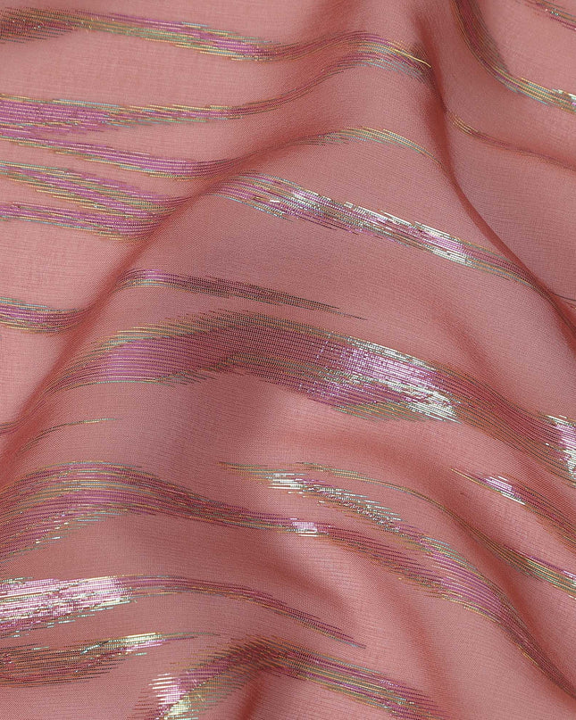 Rose Pink Wave Pattern Silk Chiffon Fabric with Metallic Lurex, 110 Cms, South Korea-D25493