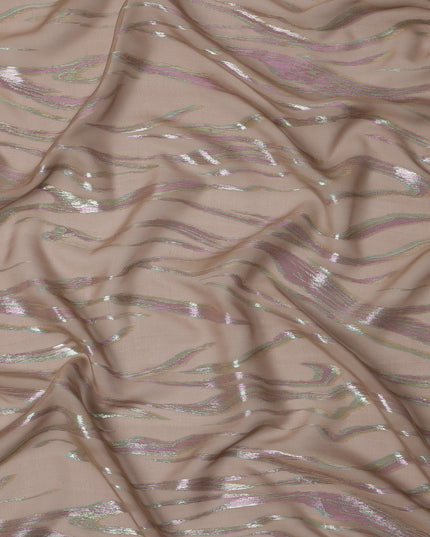 Beige Wave Pattern Silk Chiffon Fabric with Metallic Lurex, 110 Cms, South Korea-D25494