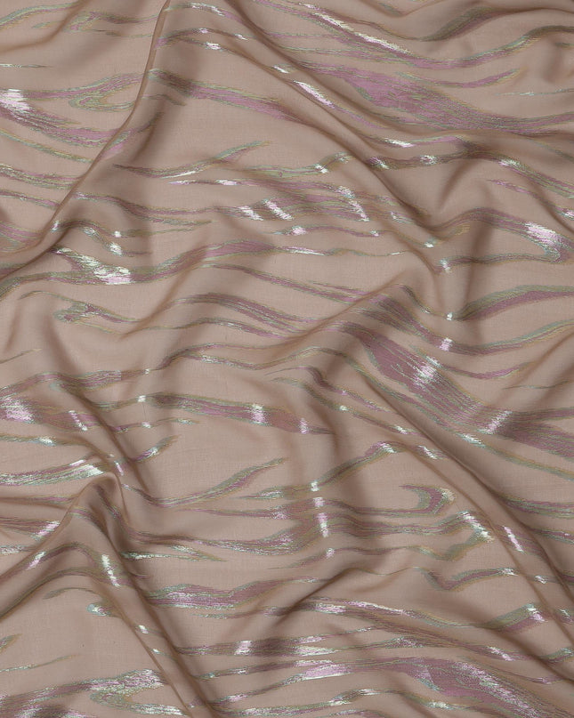 Beige Wave Pattern Silk Chiffon Fabric with Metallic Lurex, 110 Cms, South Korea-D25494