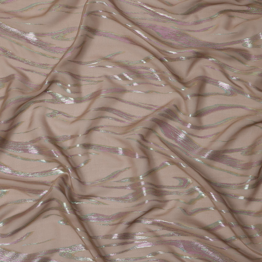 Beige Wave Pattern Silk Chiffon Fabric with Metallic Lurex, 110 Cms, South Korea-D25494
