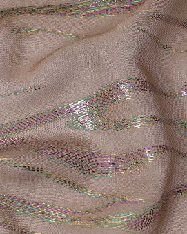 Beige Wave Pattern Silk Chiffon Fabric with Metallic Lurex, 110 Cms, South Korea-D25494