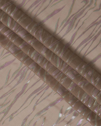 Beige Wave Pattern Silk Chiffon Fabric with Metallic Lurex, 110 Cms, South Korea-D25494