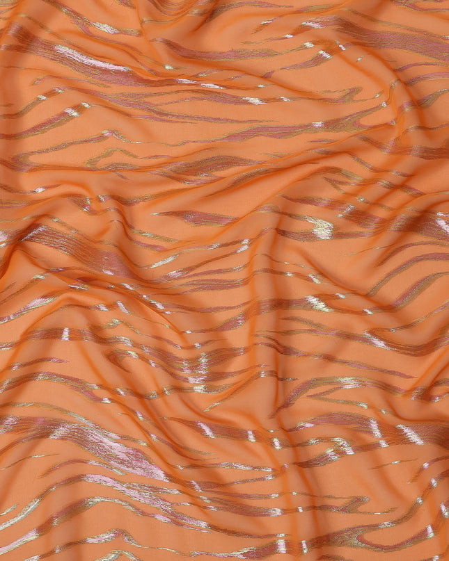 Orange Wave Pattern Silk Chiffon Fabric with Metallic Lurex, 110 Cms, South Korea-D25491