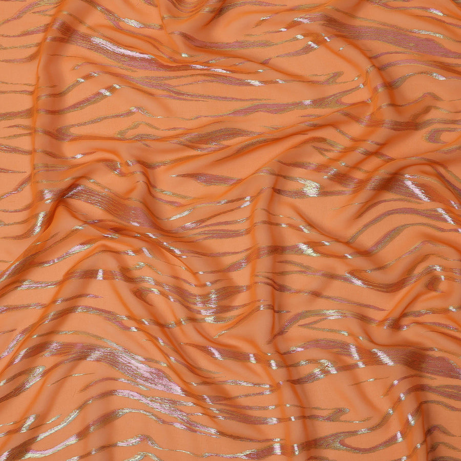 Orange Wave Pattern Silk Chiffon Fabric with Metallic Lurex, 110 Cms, South Korea-D25491