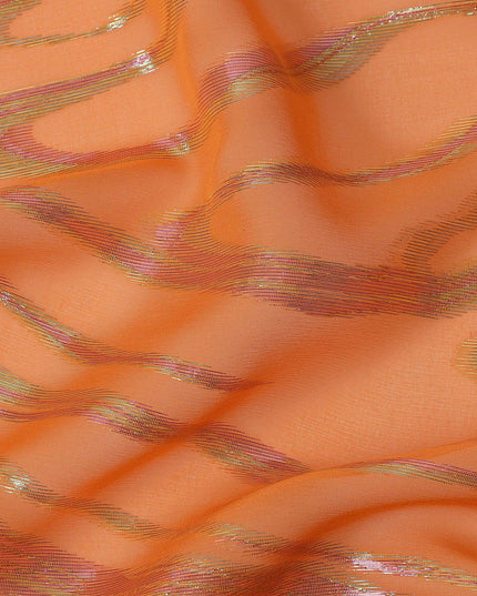 Orange Wave Pattern Silk Chiffon Fabric with Metallic Lurex, 110 Cms, South Korea-D25491