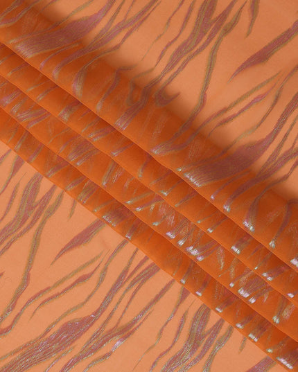 Orange Wave Pattern Silk Chiffon Fabric with Metallic Lurex, 110 Cms, South Korea-D25491