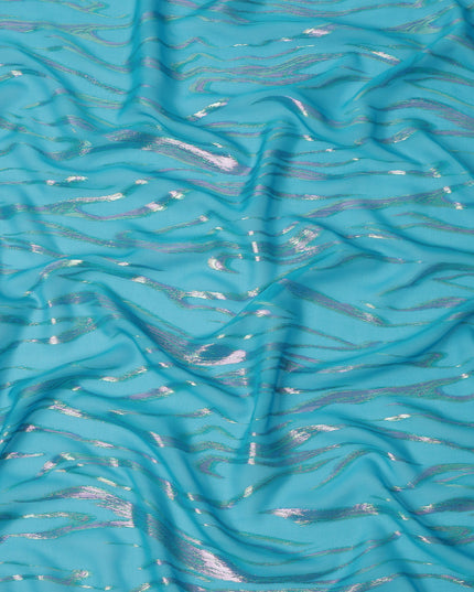 Turquoise Wave Pattern Silk Chiffon Fabric with Metallic Lurex, 110 Cms, South Korea-D25490