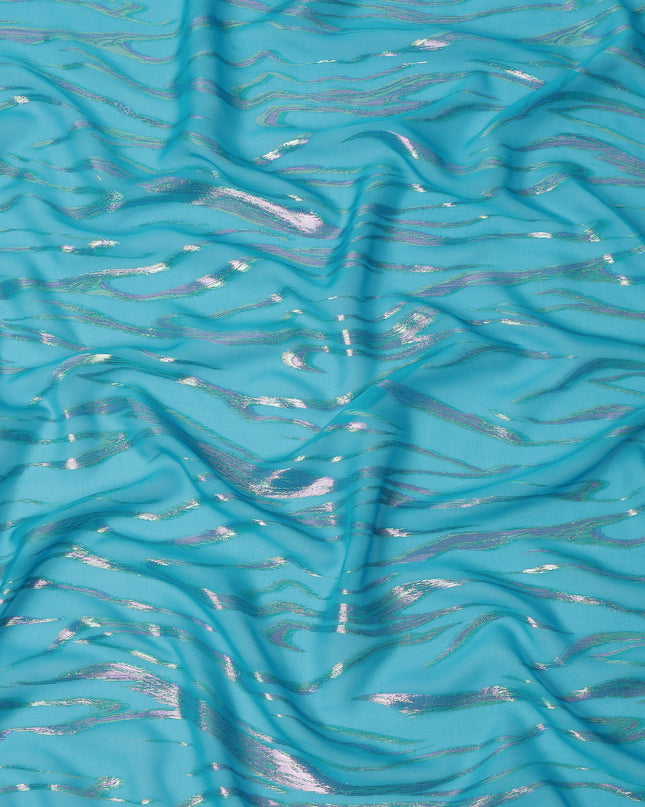 Turquoise Wave Pattern Silk Chiffon Fabric with Metallic Lurex, 110 Cms, South Korea-D25490