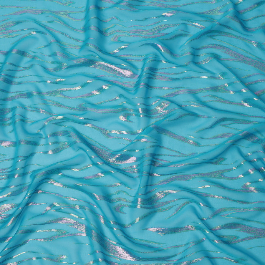 Turquoise Wave Pattern Silk Chiffon Fabric with Metallic Lurex, 110 Cms, South Korea-D25490