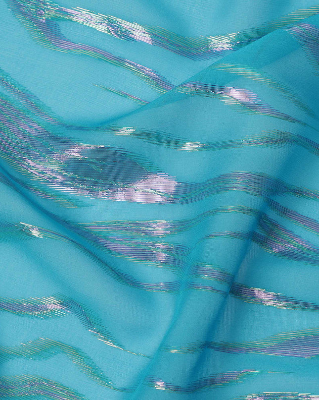 Turquoise Wave Pattern Silk Chiffon Fabric with Metallic Lurex, 110 Cms, South Korea-D25490