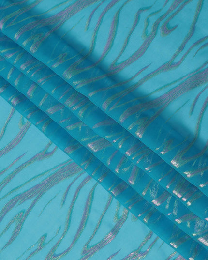 Turquoise Wave Pattern Silk Chiffon Fabric with Metallic Lurex, 110 Cms, South Korea-D25490