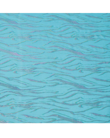 Turquoise Wave Pattern Silk Chiffon Fabric with Metallic Lurex, 110 Cms, South Korea-D25490