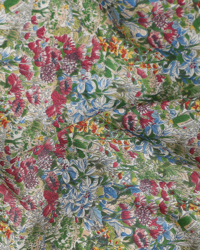 Light Green Floral Printed Cotton Lawn Fabric Soft Lightweight Breathable Dressmaking Sewing Material 4.0 Meters Length 110 Cms Width India-D27621