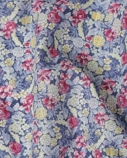Dusty Blue Floral Printed Cotton Lawn Fabric Soft Lightweight Breathable Dressmaking Sewing Material 4.0 Meters Length 110 Cms Width India-D27622