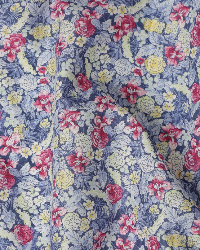 Dusty Blue Floral Printed Cotton Lawn Fabric Soft Lightweight Breathable Dressmaking Sewing Material 4.0 Meters Length 110 Cms Width India-D27622