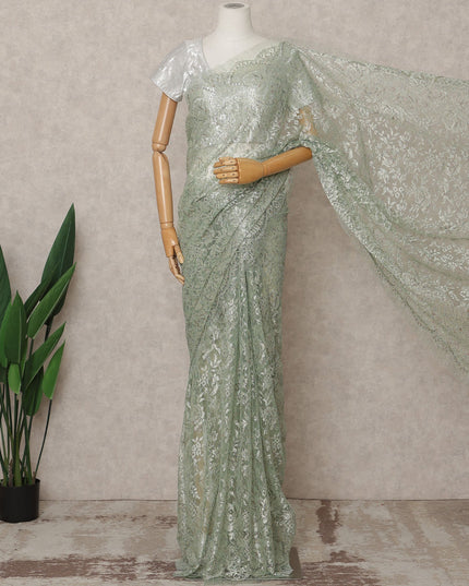 Mint Green Premium French Metallic Chantilly Lace Saree Fabric – 5.5 Meters Length, Width 110 Cms, Made in France-D25605