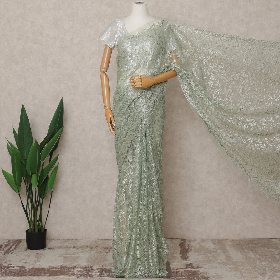 Mint Green Premium French Metallic Chantilly Lace Saree Fabric – 5.5 Meters Length, Width 110 Cms, Made in France-D25605