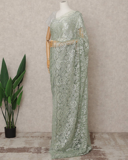 Mint Green Premium French Metallic Chantilly Lace Saree Fabric – 5.5 Meters Length, Width 110 Cms, Made in France-D25605