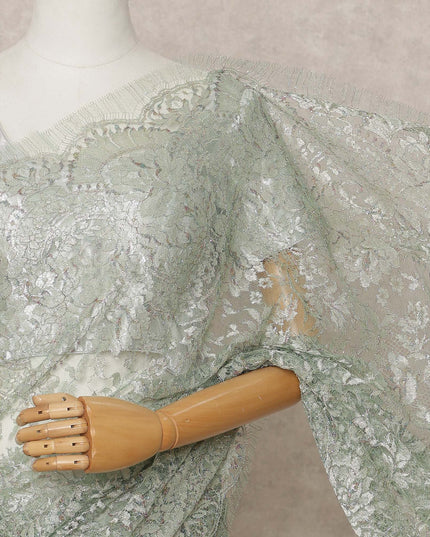 Mint Green Premium French Metallic Chantilly Lace Saree Fabric – 5.5 Meters Length, Width 110 Cms, Made in France-D25605