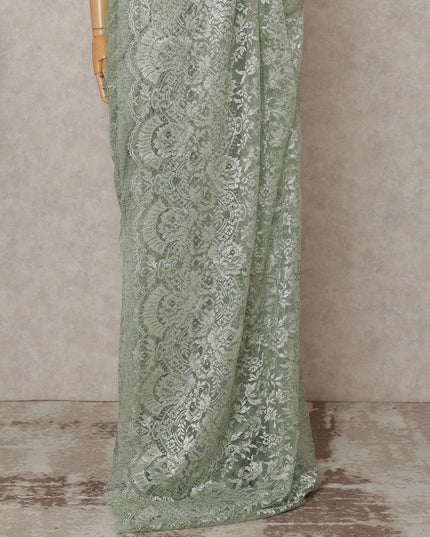 Mint Green Premium French Metallic Chantilly Lace Saree Fabric – 5.5 Meters Length, Width 110 Cms, Made in France-D25605