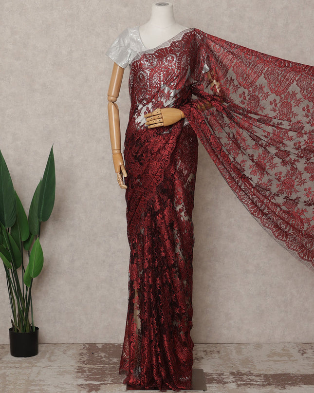 Wine Red Premium French Metallic Chantilly Lace Saree, 5.5 Mtrs with 110 Cms Width, Imported from France-D25414 Regal Fabrics