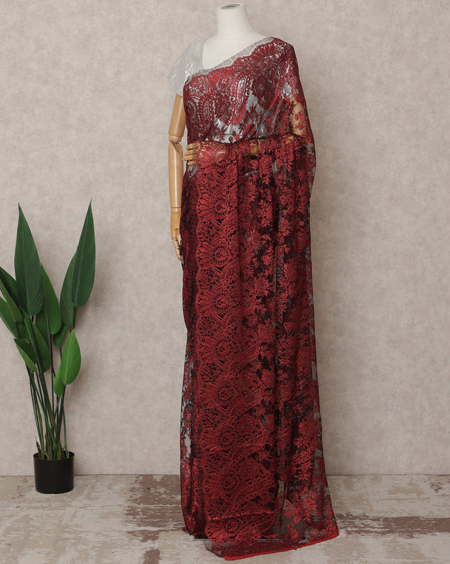 Wine Red Premium French Metallic Chantilly Lace Saree, 5.5 Mtrs with 110 Cms Width, Imported from France-D25414 Regal Fabrics