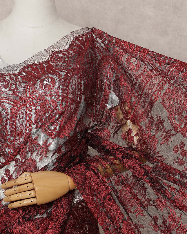 Wine Red Premium French Metallic Chantilly Lace Saree, 5.5 Mtrs with 110 Cms Width, Imported from France-D25414 Regal Fabrics