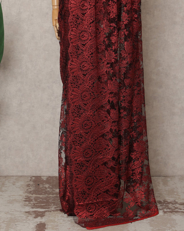 Wine Red Premium French Metallic Chantilly Lace Saree, 5.5 Mtrs with 110 Cms Width, Imported from France-D25414 Regal Fabrics