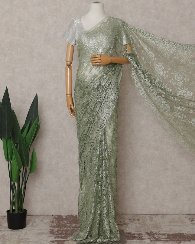 French Chantilly Lace Saree Piece - Moss Green