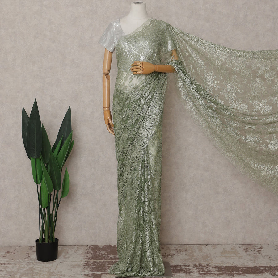 French Chantilly Lace Saree Piece - Moss Green