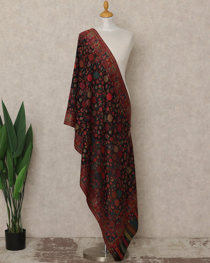 Black & Maroon Premium Kashmiri Pashmina Shawl with Floral Weave, 225X80 CMS Width, India-D26952 - Regal Fabrics