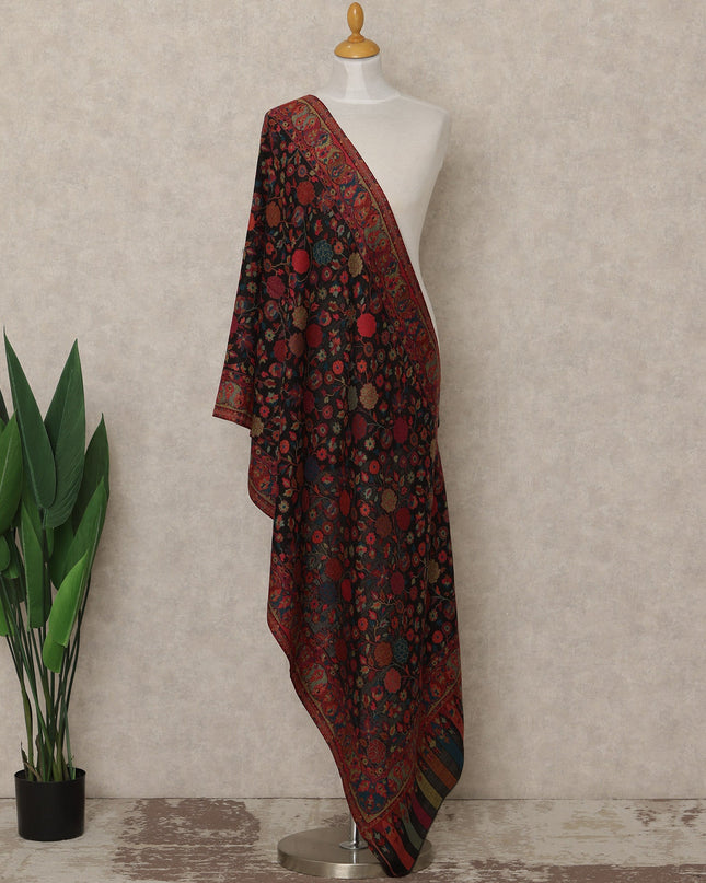 Black & Maroon Premium Kashmiri Pashmina Shawl with Floral Weave, 225X80 CMS Width, India-D26952 - Regal Fabrics