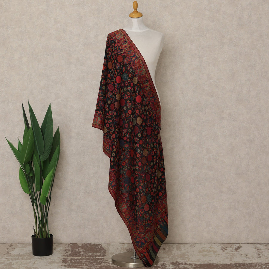 Black & Maroon Premium Kashmiri Pashmina Shawl with Floral Weave, 225X80 CMS Width, India-D26952 - Regal Fabrics