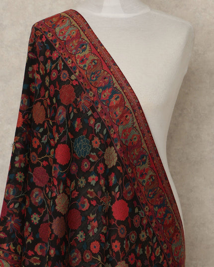 Black & Maroon Premium Kashmiri Pashmina Shawl with Floral Weave, 225X80 CMS Width, India-D26952 - Regal Fabrics