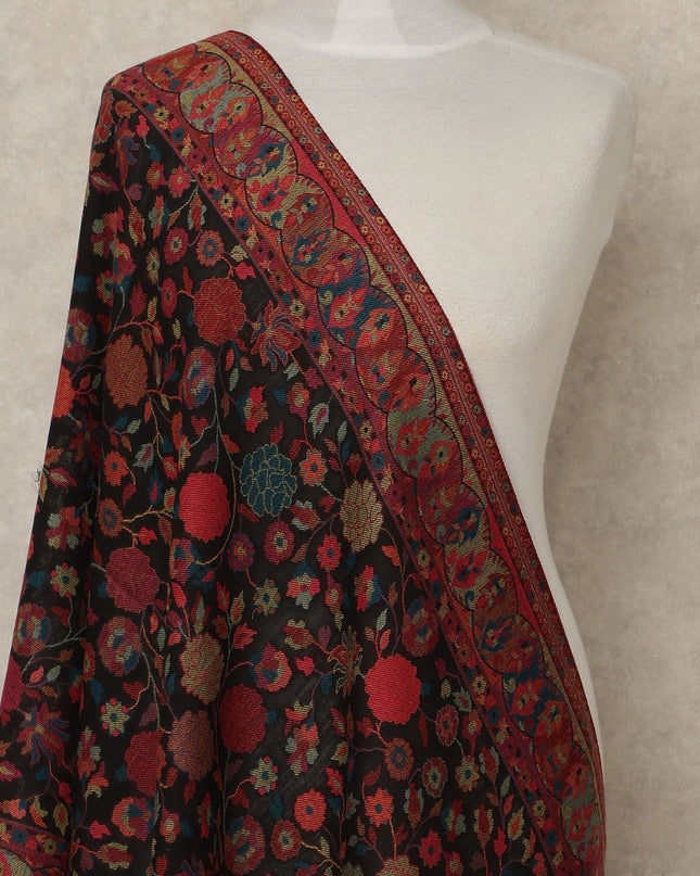 Black & Maroon Premium Kashmiri Pashmina Shawl with Floral Weave, 225X80 CMS Width, India-D26952 - Regal Fabrics