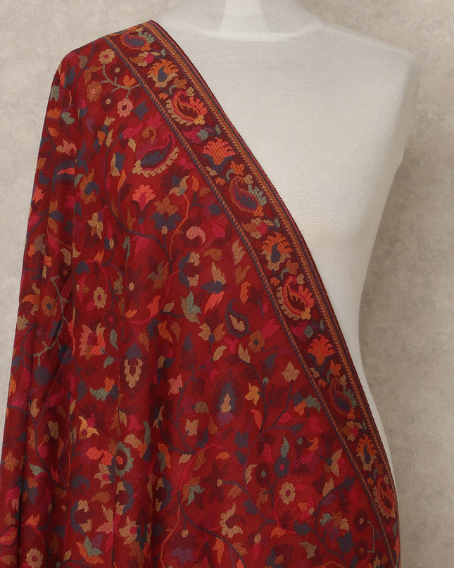 Red Premium Kashmiri Pashmina Shawl with Traditional Floral Motifs, 225X80 CMS Width, India-D26953